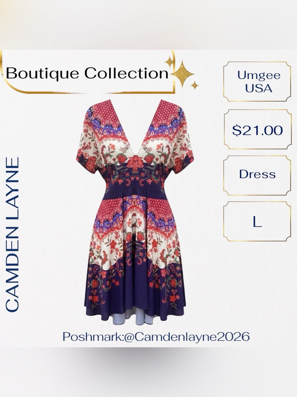 Floral V-Neck V-Back Summer Dress in Navy and White - Picture 4 of 9